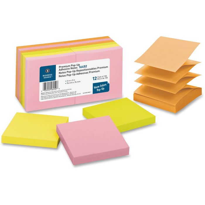 Business Source Reposition Pop-up Adhesive Notes - 3" (76.20 mm) Flag/Note Width x 3" (76.20 mm) Flag/Note Length - Square - Assorted Neon - Removable, Repositionable, Solvent-free Adhesive - No - 12 / Pack