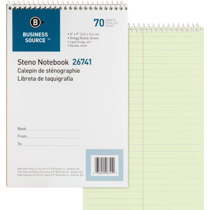 Business Source Steno Notebook - 70 Sheets - Wire Bound - Gregg Ruled Margin - 15 lb (6803.89 g) Basis Weight - 6" (15.24 cm) x 9" (22.86 cm) Sheet Size - Green Paper - Stiff-back - 1 Each