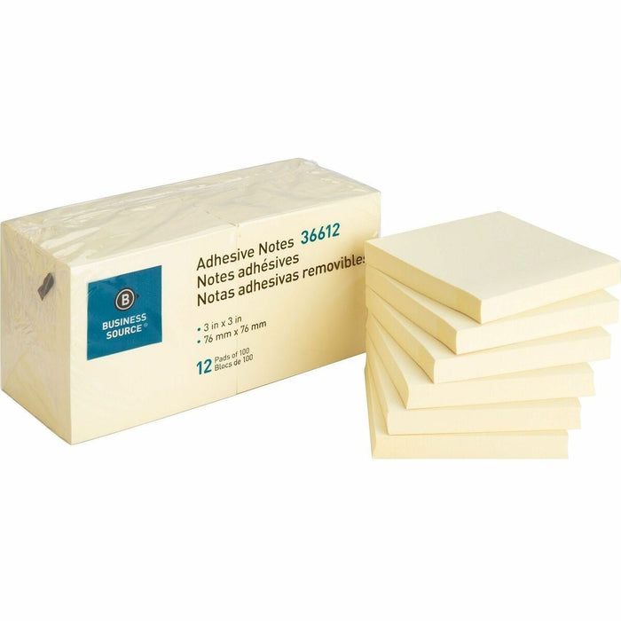 Business Source Yellow Repositionable Adhesive Notes - 3" (76.20 mm) Flag/Note Width x 3" (76.20 mm) Flag/Note Length - Square - Yellow - Repositionable, Solvent-free Adhesive - 12 / Pack