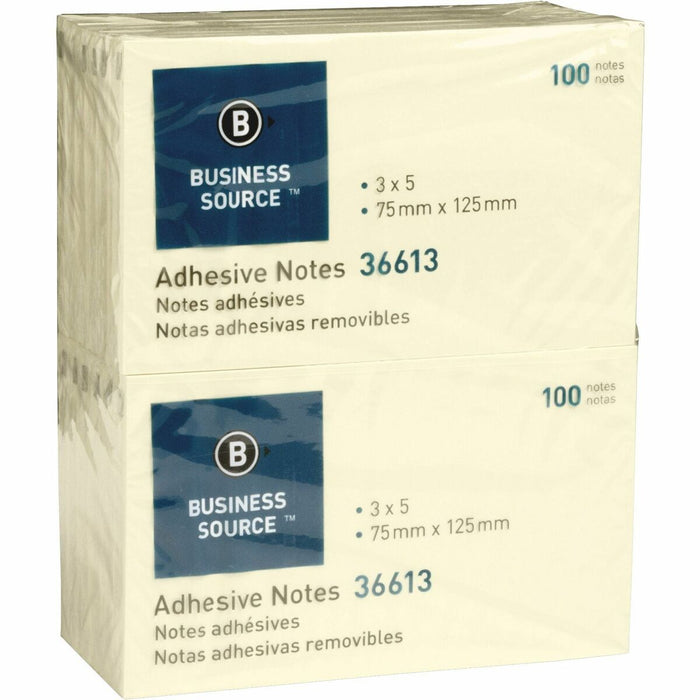 Business Source Yellow Repositionable Adhesive Notes - 3" (76.20 mm) Flag/Note Width x 5" (127 mm) Flag/Note Length - Rectangle - Yellow - Repositionable, Solvent-free Adhesive - 12 / Pack