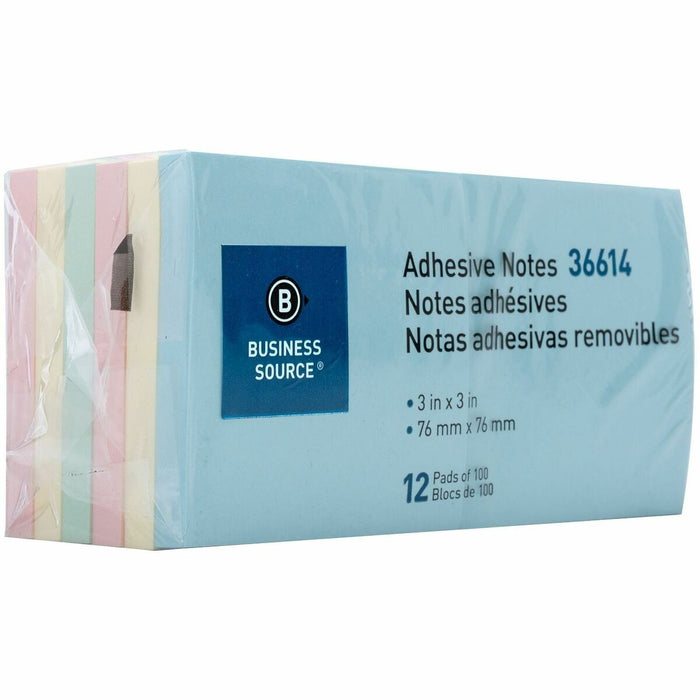 Business Source 3" Plain Pastel Colors Adhesive Notes - 100 - 3" (76.20 mm) Flag/Note Width x 3" (76.20 mm) Flag/Note Length - Square - Assorted - Repositionable, Solvent-free Adhesive - 12 / Pack
