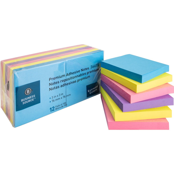 Business Source 3x3 Extreme Colors Adhesive Notes - 100 - 3" (76.20 mm) Flag/Note Width x 3" (76.20 mm) Flag/Note Length - Square - Assorted - Repositionable, Solvent-free Adhesive - 12 / Pack