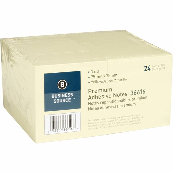 Business Source Yellow Repostionable Adhesive Notes - 3" (76.20 mm) Flag/Note Width x 3" (76.20 mm) Flag/Note Length - Square - Yellow - Repositionable, Solvent-free Adhesive - 24 / Pack