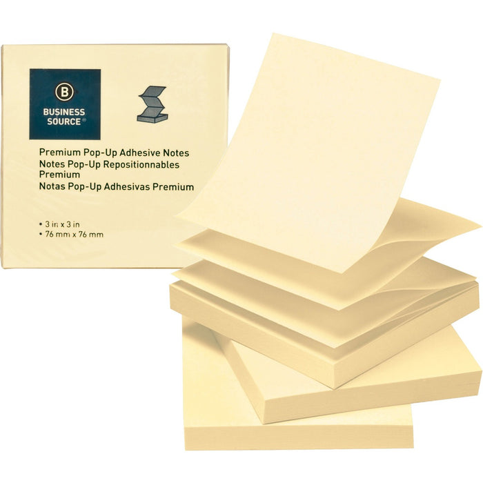 Business Source Reposition Pop-up Adhesive Notes - 3" (76.20 mm) Flag/Note Width x 3" (76.20 mm) Flag/Note Length - Square - Yellow - Removable, Repositionable, Solvent-free Adhesive, Fanfold, Pop-up - No - 24 / Pack