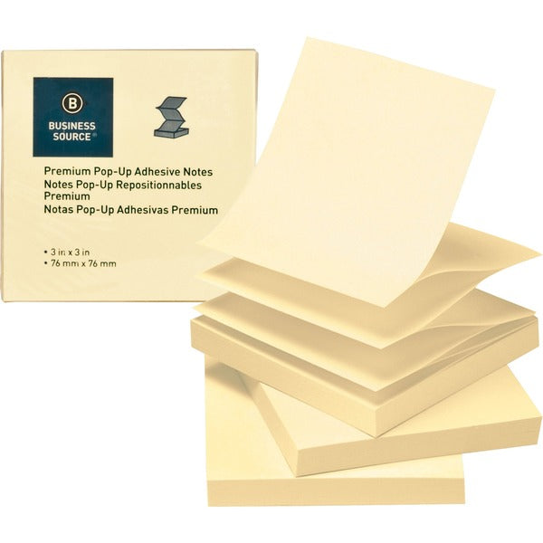 Business Source Reposition Pop-up Adhesive Notes - 3" (76.20 mm) Flag/Note Width x 3" (76.20 mm) Flag/Note Length - Square - Yellow - Removable, Repositionable, Solvent-free Adhesive, Fanfold, Pop-up - 24 / Pack