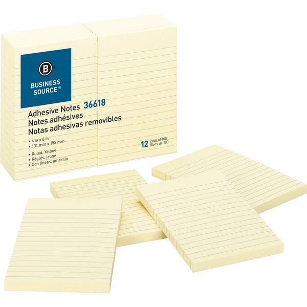 Business Source Ruled Adhesive Notes - 4" (101.60 mm) Flag/Note Width x 6" (152.40 mm) Flag/Note Length - Rectangle - Ruled - Yellow - Solvent-free Adhesive, Self-adhesive - 12 / Pack