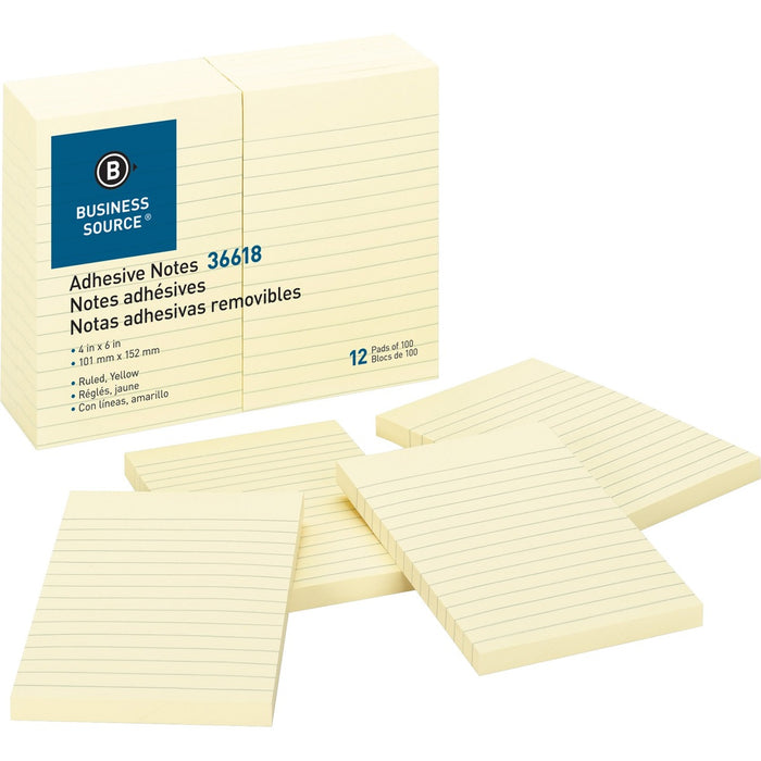 Business Source Ruled Adhesive Notes - 4" (101.60 mm) Flag/Note Width x 6" (152.40 mm) Flag/Note Length - Rectangle - Ruled - Yellow - Solvent-free Adhesive, Self-adhesive - 12 / Pack