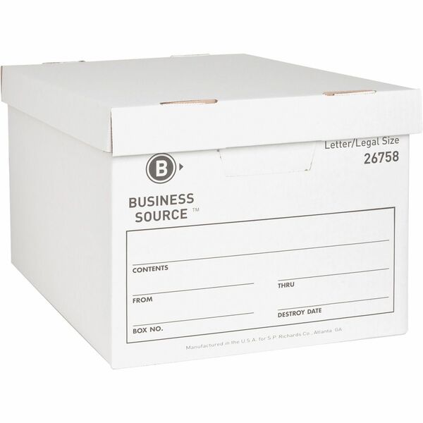 Business Source Lift-off Lid Heavy-Duty Storage Box - External Dimensions: 12" (304.80 mm) Width x 15" (381 mm) Depth x 10" (254 mm) Height - Media Size Supported: Legal, Letter - Lift-off Closure - Heavy Duty - Stackable - Cardboard - White - For File -
