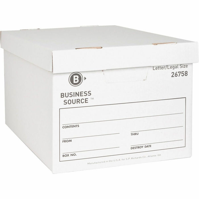 Business Source Lift-off Lid Heavy-Duty Storage Box - External Dimensions: 12" (304.80 mm) Width x 15" (381 mm) Depth x 10" (254 mm) Height - Media Size Supported: Legal, Letter - Lift-off Closure - Heavy Duty - Stackable - Cardboard - White - For File -
