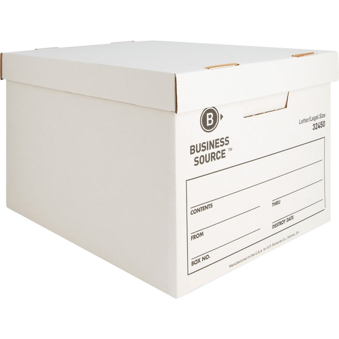 Business Source Quick Setup Medium-Duty Storage Box - External Dimensions: 12" (304.80 mm) Width x 15" (381 mm) Depth x 10" (254 mm) Height - Media Size Supported: Legal, Letter - Lift-off Closure - Medium Duty - Stackable - White - For File - Yes - 12 /