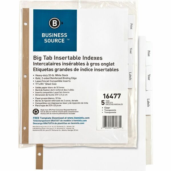 Business Source Tear-resistant Clear Tab Index Dividers - 5 x Divider(s) - 5 Tab(s)/Set - 8.50" Divider Width x 11" Divider Length - Letter - White Divider - Clear Tab(s) - Recycled - Tear Resistant - 5 / Set