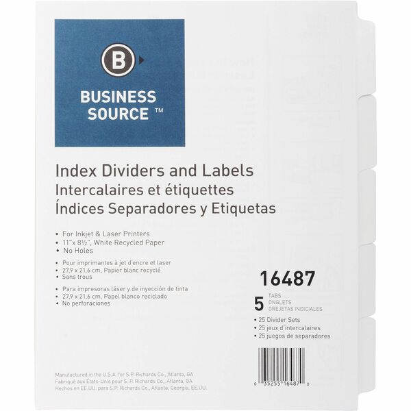 Business Source Un-punched Index Dividers Set - 5 x Divider(s) - Blank Tab(s) - 5 Tab(s)/Set - White Divider - White Tab(s) - Recycled - Unpunched - 25 / Box