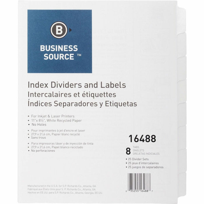 Business Source Unpunched Index Dividers Set - 8 Blank Tab(s) - 8 Tab(s)/Set - 8.50" (215.90 mm) Divider Width x 11" (279.40 mm) Divider Length - Letter - White Tab(s) - 100% Recycled - Unpunched - 1 Box