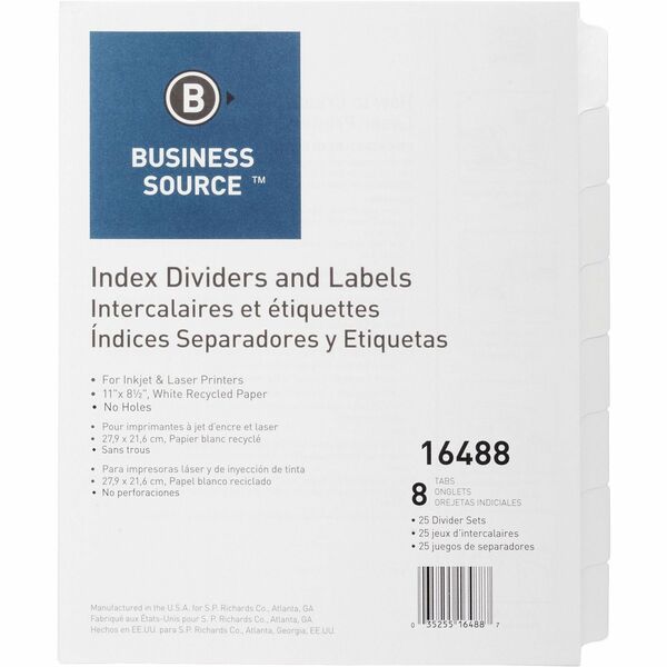 Business Source Unpunched Index Dividers Set - 8 Blank Tab(s) - 8 Tab(s)/Set - 8.50" (215.90 mm) Divider Width x 11" (279.40 mm) Divider Length - Letter - White Tab(s) - 100% Recycled - Unpunched - 25 / Box