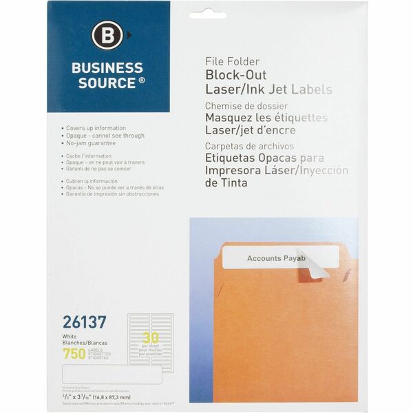Business Source Block-out File Folder Labels - 3 7/16" (87.12 mm) Length - Permanent Adhesive - Laser, Inkjet - White - 30 / Sheet - Lignin-free - 750 / Pack