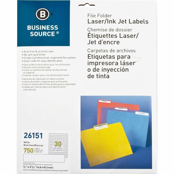 Business Source Laser/Inkjet Permanent File Folder Labels - 43/64" (17.02 mm) Width x 3 7/16" (87.12 mm) Length - Permanent Adhesive - Rectangle - Laser, Inkjet - White - Jam-free, Lignin-free - 30 / Sheet - 750 / Pack