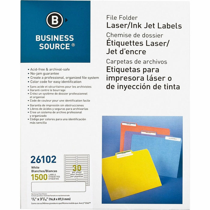 Business Source Laser/Inkjet File Folder Labels - 21/32" (16.76 mm) Width x 3 7/16" (87.12 mm) Length - Permanent Adhesive - Rectangle - Laser, Inkjet - White - Paper - 30 / Sheet - 1500 / Pack