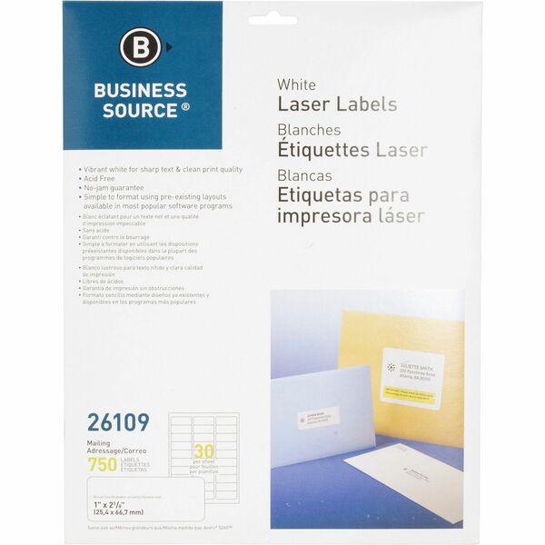 Business Source Bright White Premium-quality Address Labels - 1" (25.40 mm) Width x 2 5/8" (66.68 mm) Length - Permanent Adhesive - Rectangle - Laser, Inkjet - White - 30 / Sheet - 25 Total Sheets - Lignin-free, Jam-free - 750 / Pack