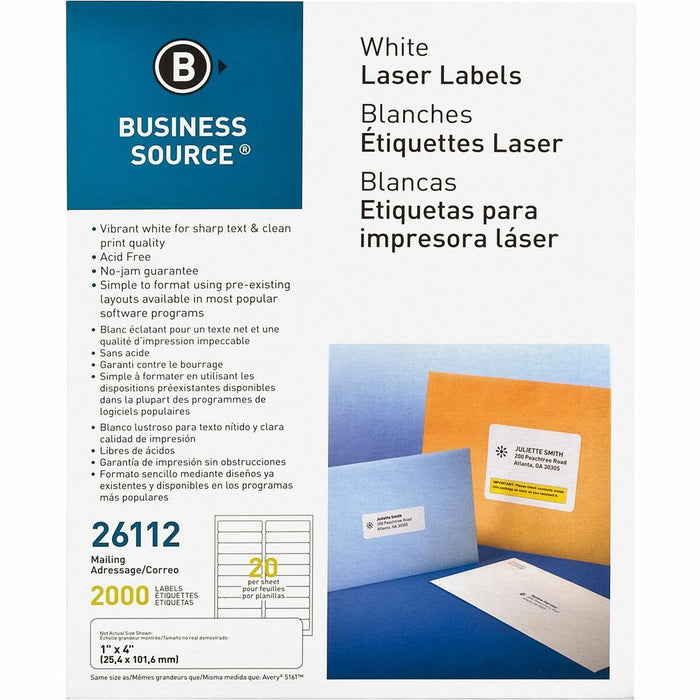 Business Source Bright White Premium-quality Address Labels - 1" (25.40 mm) Width x 4" (101.60 mm) Length - Permanent Adhesive - Rectangle - Laser, Inkjet - White - 20 / Sheet - 100 Total Sheets - 2000 / Pack