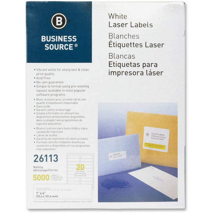 Business Source Bright White Premium-quality Address Labels - 1" (25.40 mm) Width x 4" (101.60 mm) Length - Permanent Adhesive - Rectangle - Laser, Inkjet - White - 20 / Sheet - 250 Total Sheets - 5000 / Pack