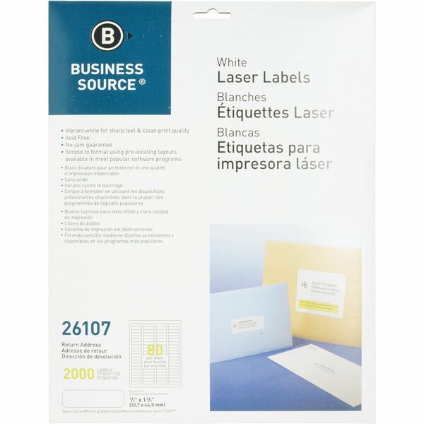 Business Source Address Laser Labels - 1/2" (12.70 mm) Width x 1 3/4" (44.45 mm) Length - Permanent Adhesive - Rectangle - Laser - White - 80 / Sheet - 25 Total Sheets - Lignin-free, Jam-free - 2000 / Pack