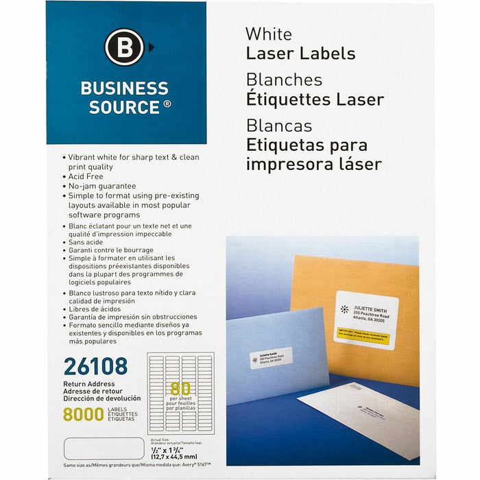 Business Source Address Laser Labels - 1/2" (12.70 mm) Width x 1 3/4" (44.45 mm) Length - Permanent Adhesive - Rectangle - Laser - White - 80 / Sheet - 100 Total Sheets - 8000 / Pack
