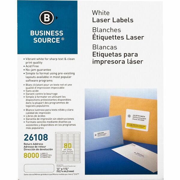 Business Source Address Laser Labels - 1/2" (12.70 mm) Width x 1 3/4" (44.45 mm) Length - Permanent Adhesive - Rectangle - Laser - White - 80 / Sheet - 100 Total Sheets - Lignin-free, Jam-free - 8000 / Pack