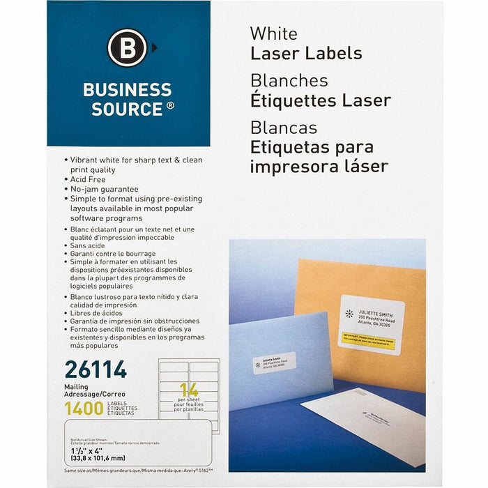 Business Source Bright White Premium-quality Address Labels - 1 1/3" (33.87 mm) Width x 4" (101.60 mm) Length - Permanent Adhesive - Rectangle - Laser, Inkjet - White - 14 / Sheet - 100 Total Sheets - 1400 / Pack