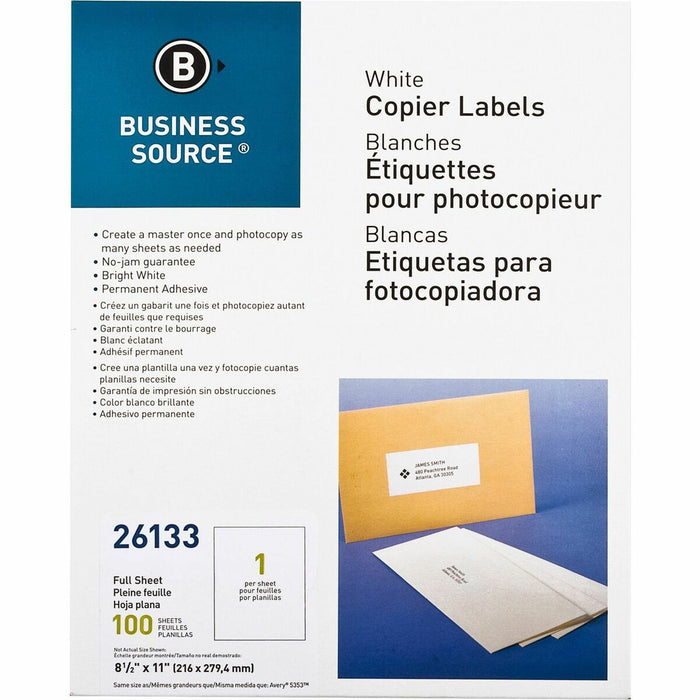 Business Source 8-1/2"x11" Copier Labels - 8 1/2" (215.90 mm) Width x 11" (279.40 mm) Length - Rectangle - White - 1 / Sheet - 100 / Pack