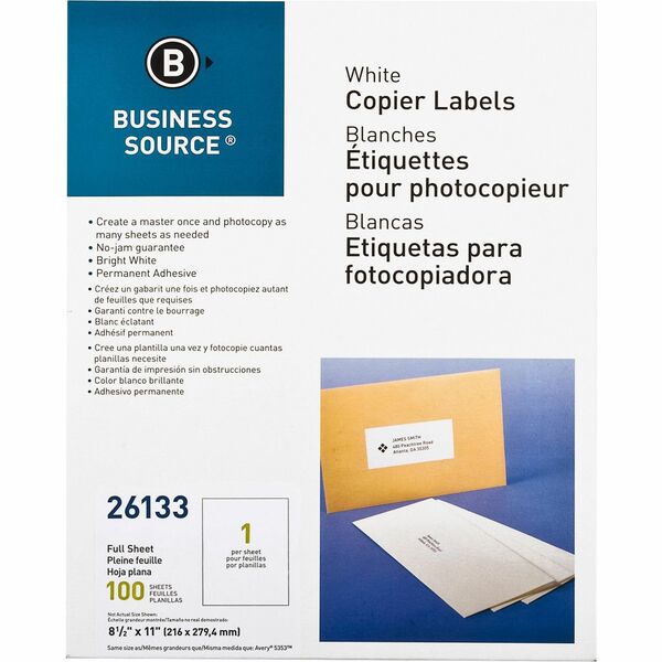 Business Source 8-1/2"x11" Copier Labels - 8 1/2" (215.90 mm) Width x 11" (279.40 mm) Length - Rectangle - White - Lignin-free, Jam-free - 1 / Sheet - 100 / Pack