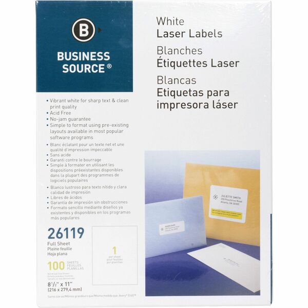 Business Source Address Labels - 8 1/2" (215.90 mm) Width x 11" (279.40 mm) Length - Permanent Adhesive - Rectangle - Laser, Inkjet - White - Lignin-free, Jam-free - 1 / Sheet - 100 Total Sheets - 100 / Pack