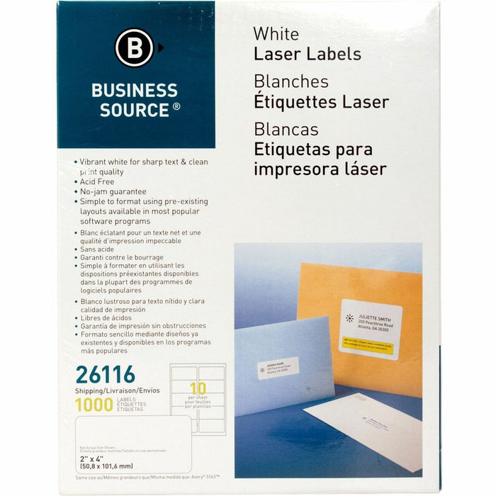 Business Source Bright White Premium-quality Shipping Labels - 2" (50.80 mm) Width x 4" (101.60 mm) Length - Permanent Adhesive - Rectangle - Laser, Inkjet - White - 10 / Sheet - 100 Total Sheets - 1000 / Pack