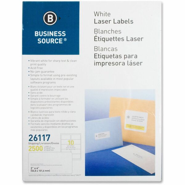 Business Source Bright White Premium-quality Shipping Labels - 2" (50.80 mm) Width x 4" (101.60 mm) Length - Permanent Adhesive - Rectangle - Laser, Inkjet - White - 10 / Sheet - 250 Total Sheets - Lignin-free, Jam-free - 2500 / Pack