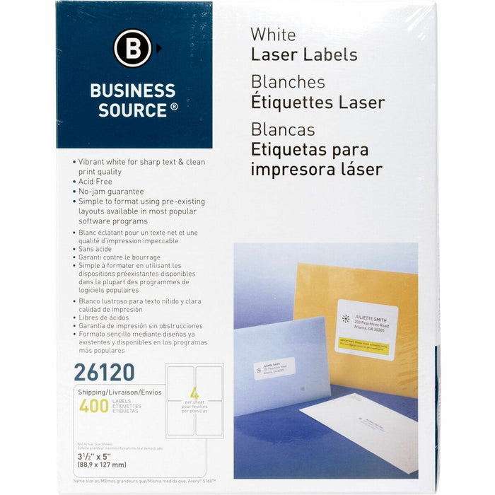 Business Source Bright White Premium-quality Address Labels - 3 1/2" (88.90 mm) Width x 5" (127 mm) Length - Permanent Adhesive - Rectangle - Laser, Inkjet - White - 4 / Sheet - 100 Total Sheets - 400 / Pack