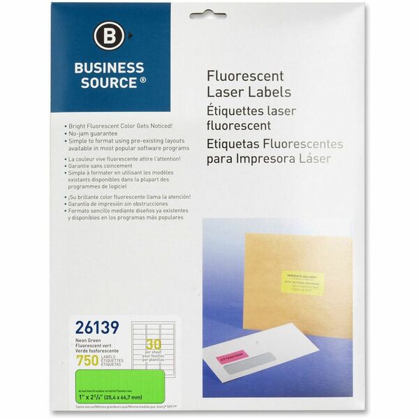 Business Source Neon Labels - 1" (25.40 mm) Width x 2 5/8" (66.68 mm) Length - Permanent Adhesive - Rectangle - Laser - Neon Green - Jam-free, Pressure Sensitive - 30 / Sheet - 750 / Pack