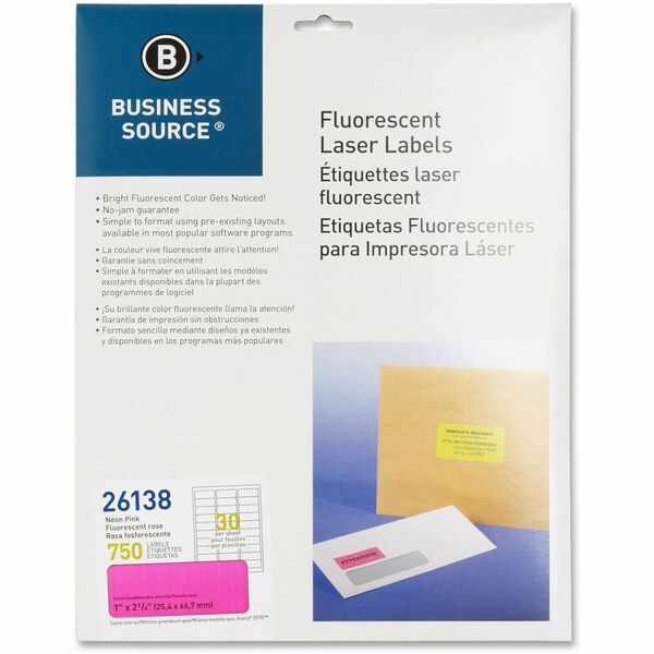 Business Source Neon Labels - 1" (25.40 mm) Width x 2 5/8" (66.55 mm) Length - Permanent Adhesive - Rectangle - Laser - Neon Pink - Jam-free, Pressure Sensitive - 30 / Sheet - 750 / Pack