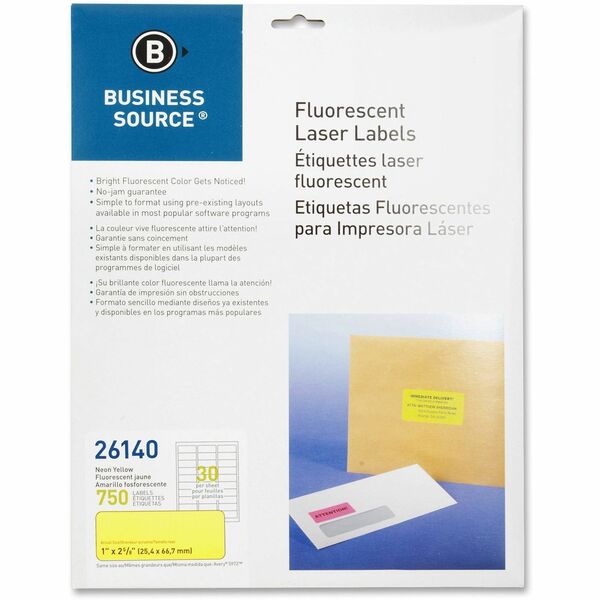 Business Source Neon Labels - 1" (25.40 mm) Width x 2 5/8" (66.68 mm) Length - Permanent Adhesive - Rectangle - Laser - Neon Yellow - 30 / Sheet - Jam-free, Pressure Sensitive - 750 / Pack