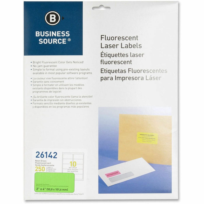 Business Source Neon Labels - 2" (50.80 mm) Width x 4" (101.60 mm) Length - Permanent Adhesive - Rectangle - Laser - Neon Green - 10 / Sheet - 250 / Pack