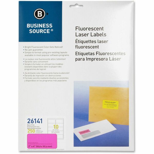 Business Source Neon Labels - 2" (50.80 mm) Width x 4" (101.60 mm) Length - Permanent Adhesive - Rectangle - Laser - Neon Pink - Jam-free, Pressure Sensitive - 10 / Sheet - 250 / Pack