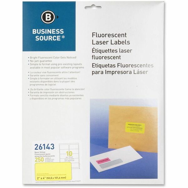 Business Source Neon Labels - 2" (50.80 mm) Width x 4" (101.60 mm) Length - Permanent Adhesive - Rectangle - Laser - Neon Yellow - 10 / Sheet - Jam-free, Pressure Sensitive - 250 / Pack