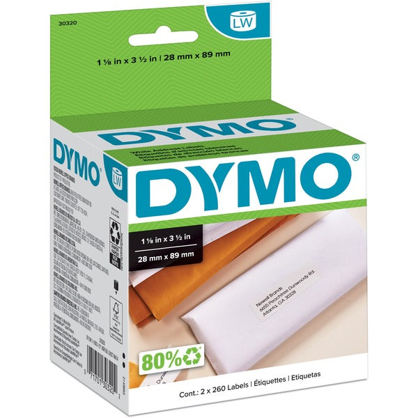 Dymo High-Capacity Address Labels - 1 1/8" (28.58 mm) Width x 3 1/2" (88.90 mm) Length - Permanent Adhesive - Rectangle - Direct Thermal - White - Paper - 260 / Roll - 520 / Box