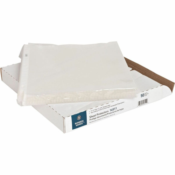 Business Source Sheet Protectors - 5 mil (0.13 mm) Thickness - For Letter 8 1/2" (215.90 mm) x 11" (279.40 mm) Sheet - 3 x Holes - Ring Binder - Top Loading - Rectangular - Clear - Polypropylene - 1 Box