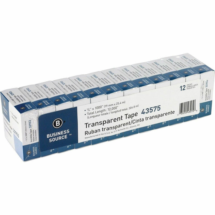 Business Source All-purpose Transparent Glossy Tape - 27.8 yd (25.4 m) Length x 0.75" (19 mm) Width - 1" (25.40 mm) Core - Clear - For Sealing, Mending, Protecting - 12 / Pack