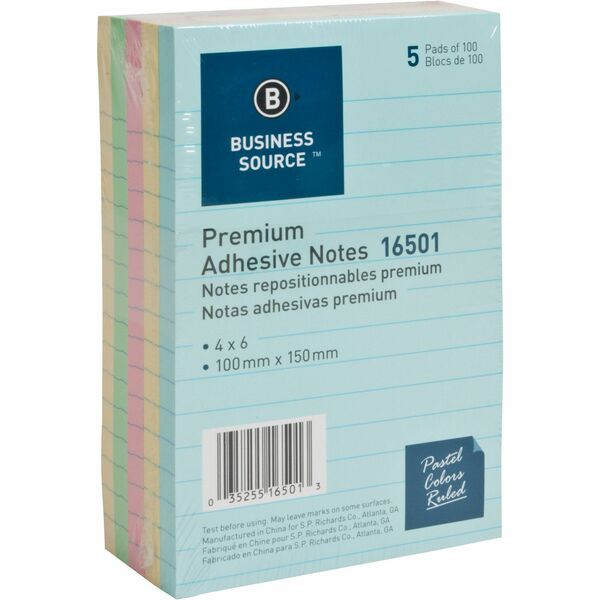 Business Source Ruled Adhesive Notes - 4" x 6" - Square - Ruled - Pastel - Self-adhesive, Solvent-free Adhesive - 5 / Pack