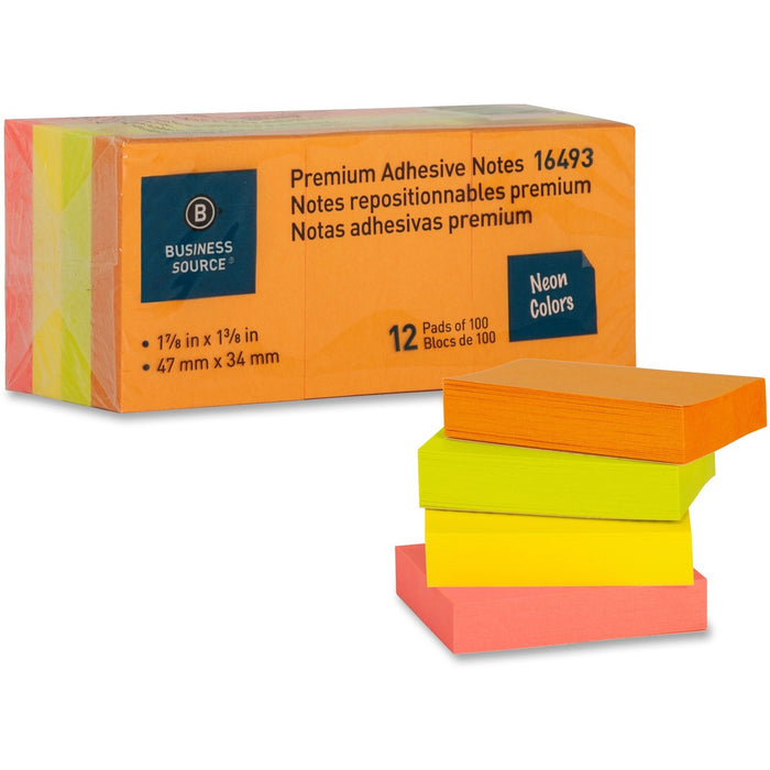Business Source Premium Repostionable Adhesive Notes - 1 1/2" (38.10 mm) Flag/Note Width x 2" (50.80 mm) Flag/Note Length - Rectangle - Unruled - Neon - Self-adhesive, Repositionable, Solvent-free Adhesive - 12 / Pack