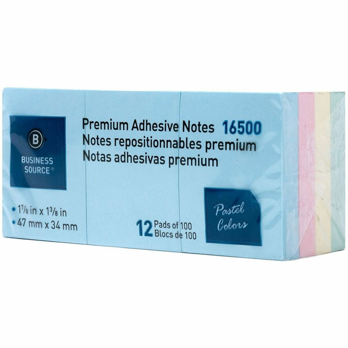 Business Source Premium Plain Pastel Adhesive Notes - 1 1/2" (38.10 mm) Flag/Note Width x 2" (50.80 mm) Flag/Note Length - Rectangle - Unruled - Pastel - Self-adhesive, Repositionable, Solvent-free Adhesive - 12 / Pack