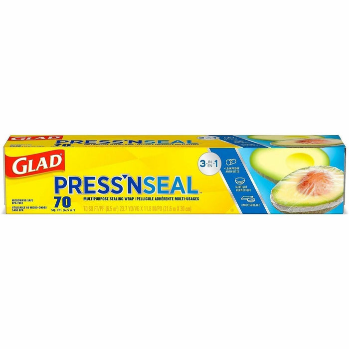 Glad 70 Square Foot Press'n Seal Food Plastic Wrap - 11.80" (299.72 mm) Width x 71.10 ft (21671.28 mm) Length - Durable, Freezer Safe, Microwave Safe, Cutting Edge - Plastic - Clear - 1 Each