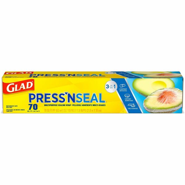 Glad Press'n Seal Food Plastic Wrap - 11.80" (299.72 mm) Width x 71.10 ft (21671.28 mm) Length - Durable, Freezer Safe, Microwave Safe, Cutting Edge - Plastic - Clear - 1 Each