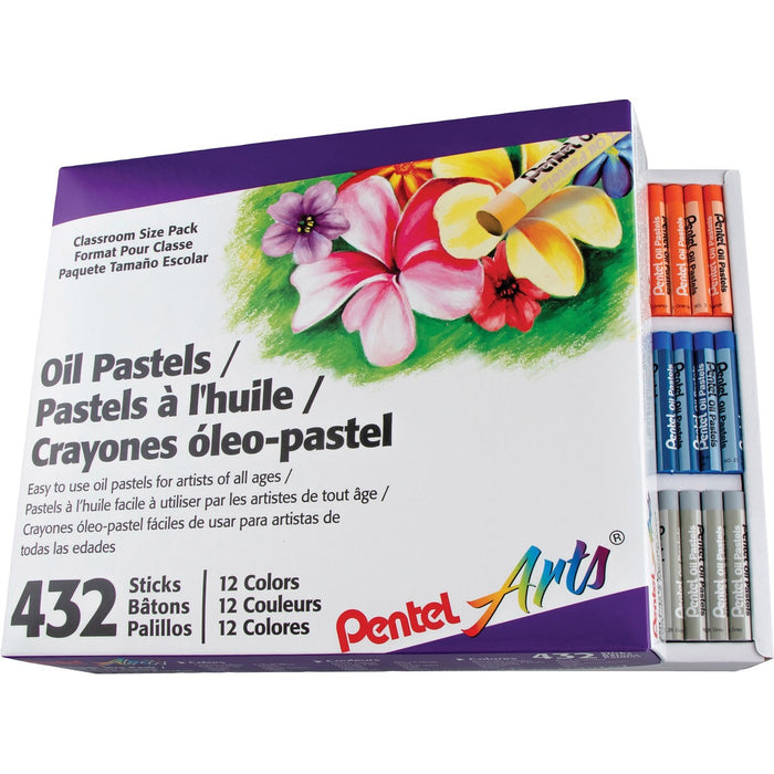 Pentel Oil Pastels - 2.38" (60.33 mm) Length x 0.37" (9.52 mm) Diameter - Black, Brown, Cobalt Blue, Gray, Green, Orange, White, Red, Pale Blue, Pale Orange, Lime Yellow, ... - 432 / Pack