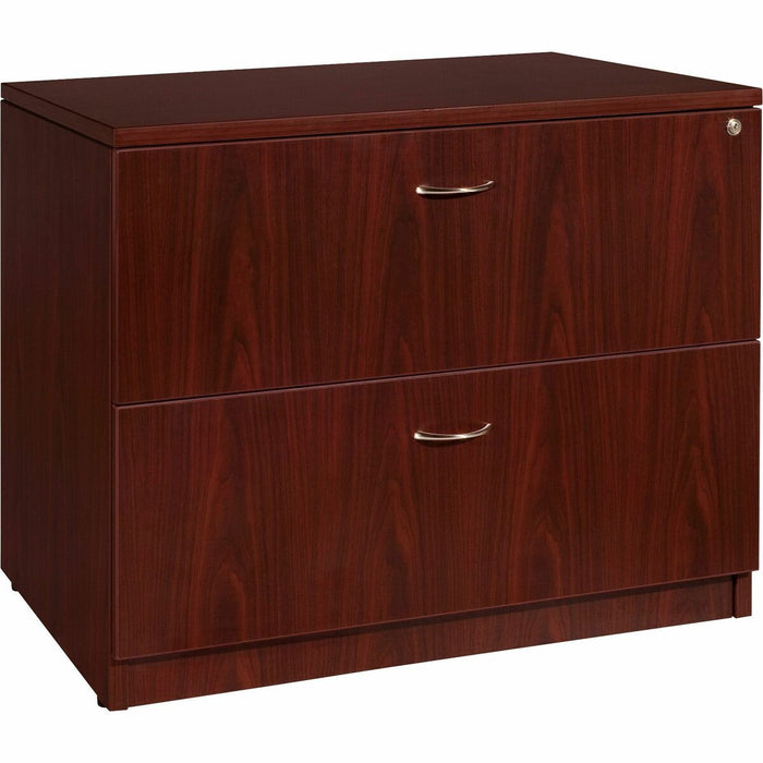 Lorell Essentials Series Lateral File - 29.5" (749.30 mm) Height x 35.5" (901.70 mm) Width x 22" (558.80 mm) Depth x 1" (25.40 mm) Thickness - Total Drawer(s): 2 - Finish: Laminate, Mahogany - Lockable Drawer, Leveling Glide, Durable, Ball-bearing Suspens